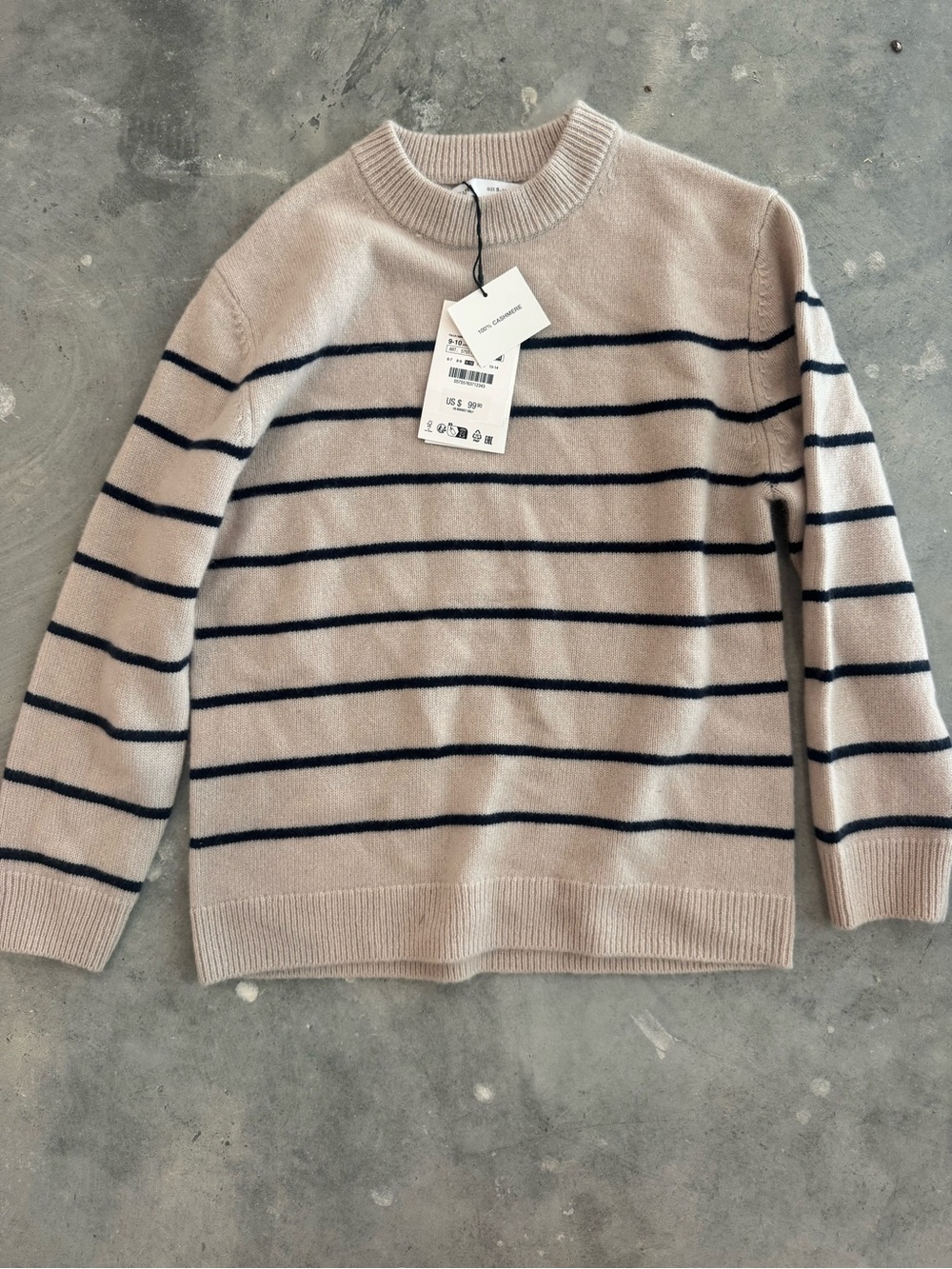 Zara Beige Crewneck Sweater with Navy Stripes